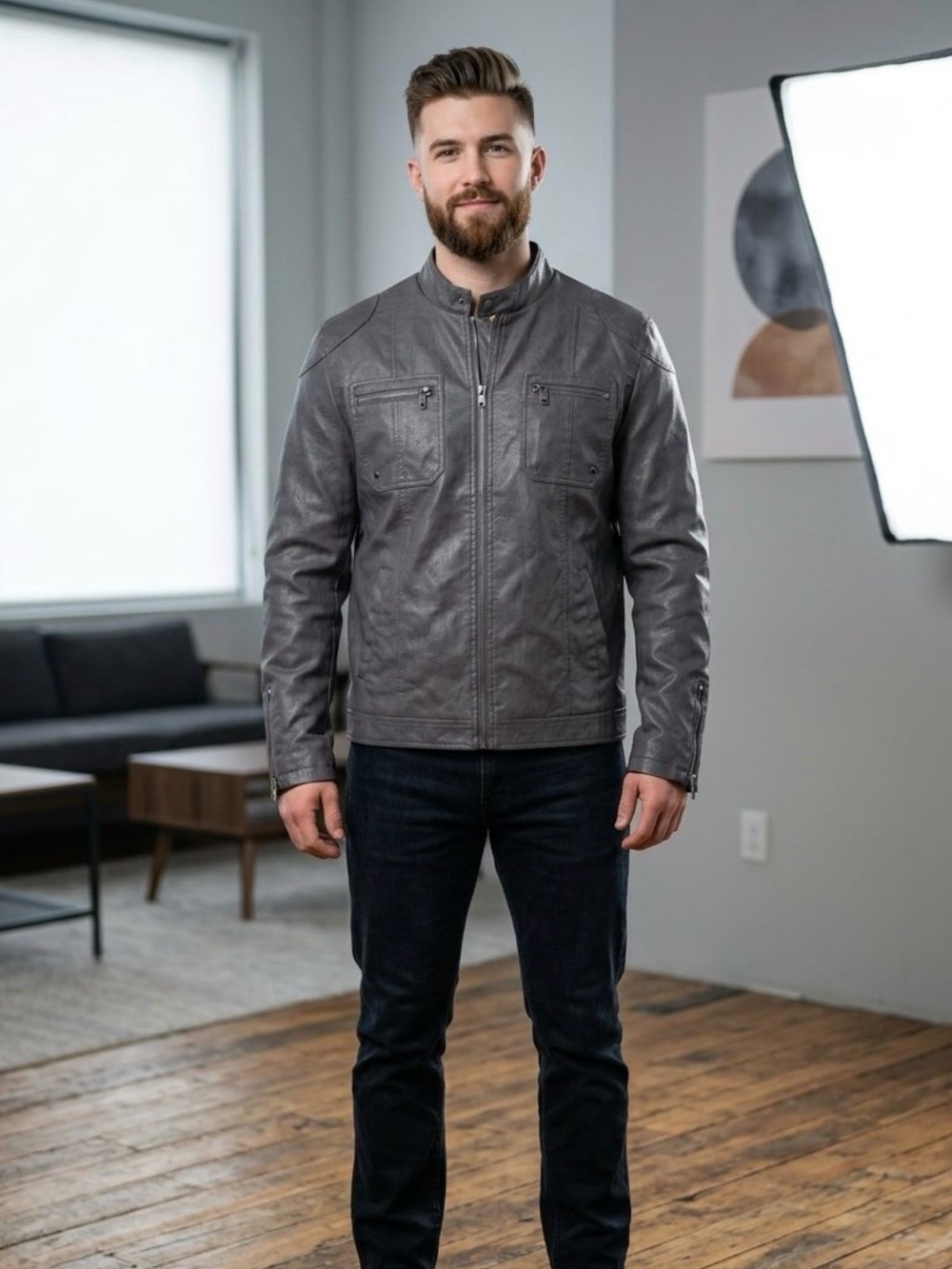 Marc Ecko Men's Charcoal Gray Faux Leather Bomber Jacket